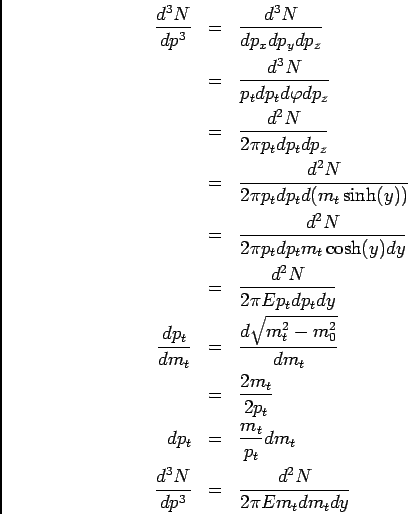 \begin{eqnarray*}
\frac{d^3N}{dp^3} & = & \frac{d^3N}{dp_x dp_y dp_z}\\
& = & ...
...}dm_t\\
\frac{d^3N}{dp^3} & = & \frac{d^2N}{2\pi E m_t dm_t dy}
\end{eqnarray*}